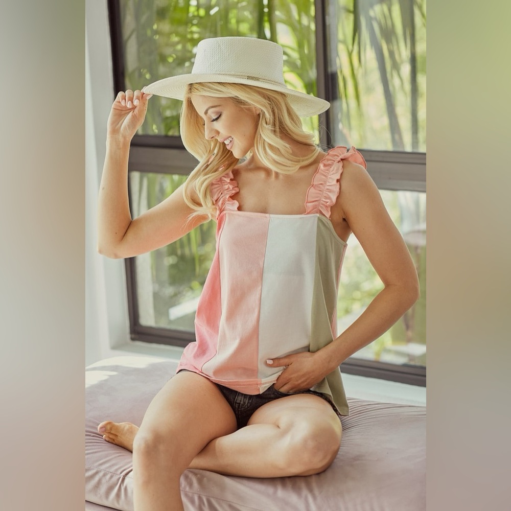 BiBi Cotton Span Color Block Ruffle Band Shoulder Tank - Picture 8 of 16